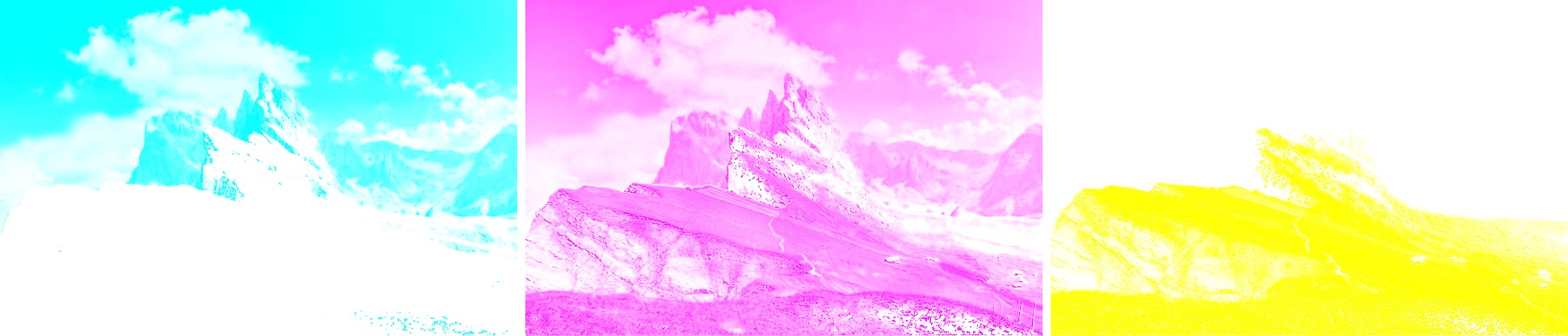 In this example, we split a mountain JPG picture into three separate CMY channels. The collection of output images show the amount of "cyan", "magenta", and "yellow" colors in the original picture. (Source: Pexels.)