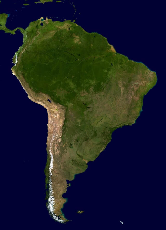 This example makes a satellite JPG photo of South America transparent by deleting the water around the continent. The water is primarily dark blue (color #000032) but because of all the light absorption and scattering there are many other wavelengths of blue and violet, so to make sure we delete all the water, we also match 5% similar colors. (Source: Pexels.)