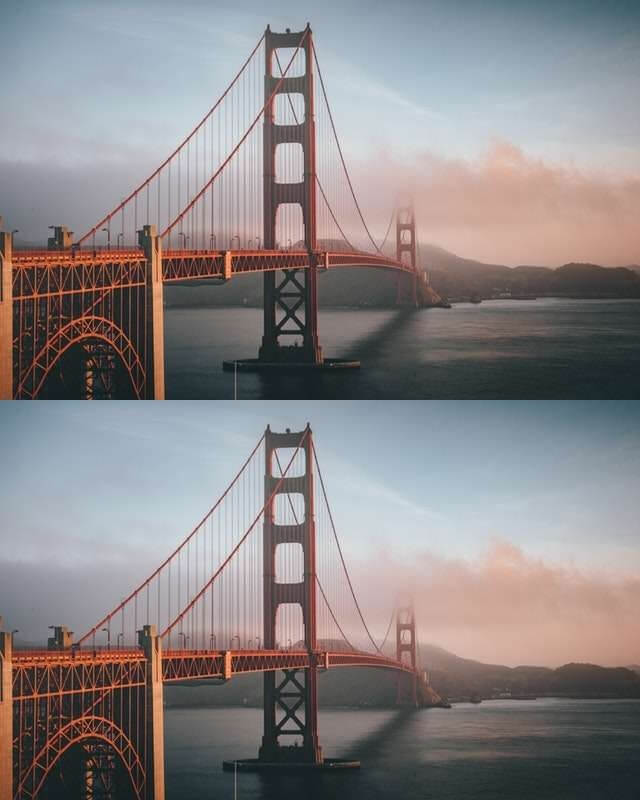 This example creates two vertical copies of a JPG photo of the Golden Gate Bridge in San Francisco. Since the input photo has a height of 400 pixels, the resulting photo has a height of 800 pixels. (Source: Pexels.)