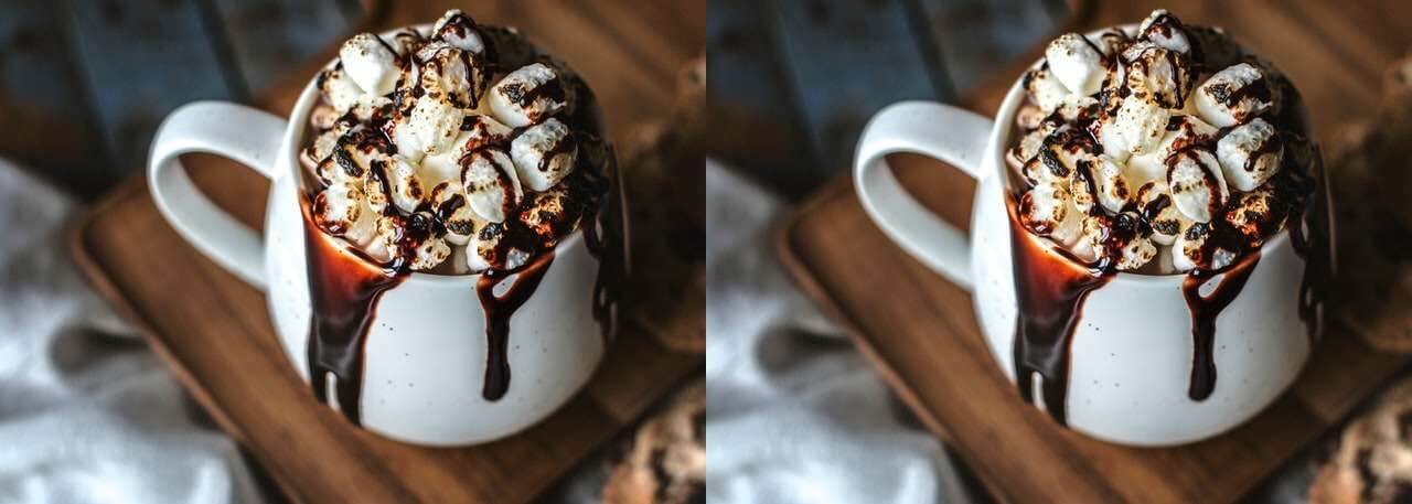 In this example, we make two copies of a picture in JPEG format of a coffee cup full of marshmallows. We place both copies side-by-side horizontally, thereby doubling the width of the new JPEG. (Source: Pexels.)