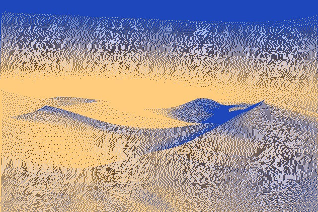 In this example, we create a binary JPEG by applying color quantization and the "Burkes" dithering method. We enter the desired amount of colors equal to 2 and as a result, we get a JPEG picture of a desert made of only two colors, which are sky-blue and desert-yellow. (Source: Pexels.)