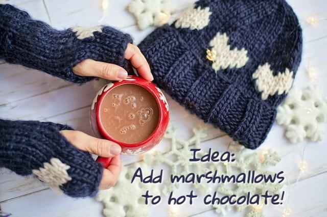 In this example, we uploaded a JPEG picture of a hot cup of chocolate and added a comment about a new recipe idea that would improve its flavor. We wrote the idea about adding marshmallows in the text field in the options, set the letter color for this annotation to blue, and made the background transparent. We also added a white shadow for emphasis and linked to a creative Gloria Hallelujah font from Google Fonts. (Source: Pexels.)