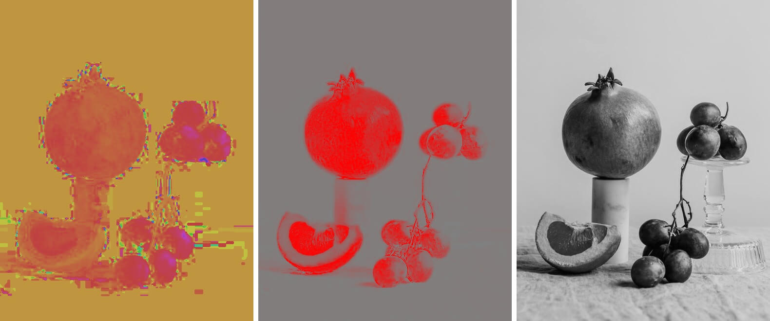 In this example, we're working with an artistic JPG photo composition of various red fruit and we extract all three components of the HSL model at once. In addition to the hue value, we also display the saturation channel (gray regions indicate minimal or no color intensity and red regions indicate maximal color intensity), and the light channel (black color means there's no light and white color means there's a lot of light). (Source: Pexels.)