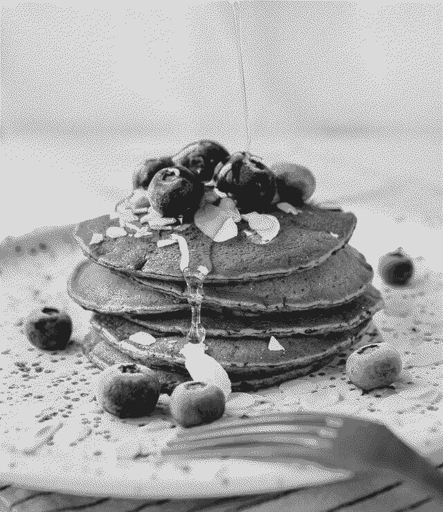In this example, before dithering a JPG/JPEG image of pancakes, we convert it to grayscale. We then run the "Stucki" dithering algorithm on it and create a six-tone grayscale image. (Source: Pexels.)