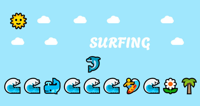 This example creates an artwork, known as Unicode art, that is meticulously crafted using emojis, spaces, and various symbols to depict a surfing-themed scene. To do this, we arrange surfing-related emojis and symbols within the input text area, forming a visually appealing composition. The drawing is set against a light blue background, symbolizing the sunny sky and the vast ocean. Floating amidst this sky-blue canvas are fluffy white clouds, adding a touch of realism to the scene. Overlaid on this background is the word "SURFING", written in a custom Agbalumo font, which captures the essence of surfing culture and lifestyle.